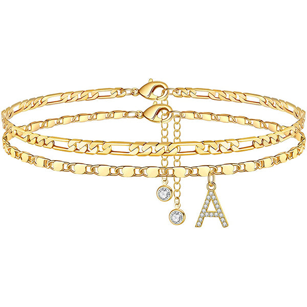 Double Layers Personalized Gold Plated Paved Initial Anklets for Women-silviax