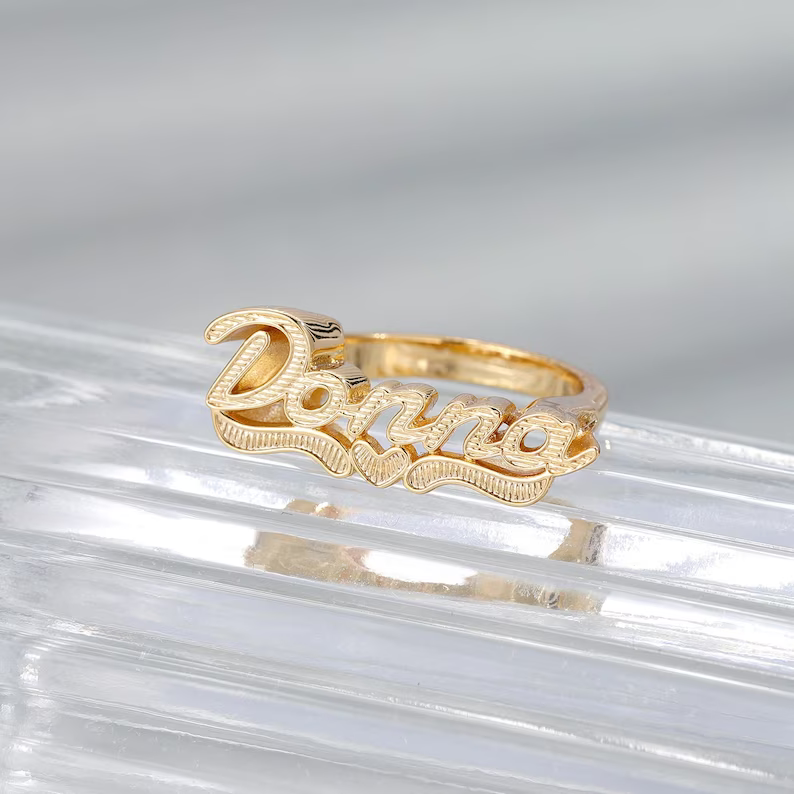 Personalized Custom Gold Plated Diamond Cut 3D Name Ring with Heart