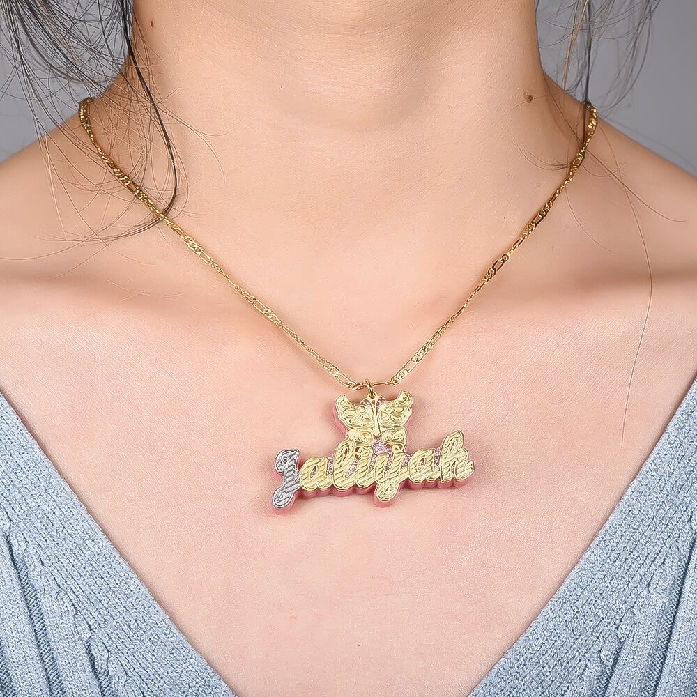 Double Plate Acrylic Two Tone Gold-plated Butterfly Personalized Custom Name Necklace-silviax