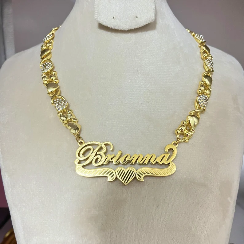 Personalized Custom Teddy XOXO Chain Double Layer Diamond Cut Heart Name Necklace-silviax