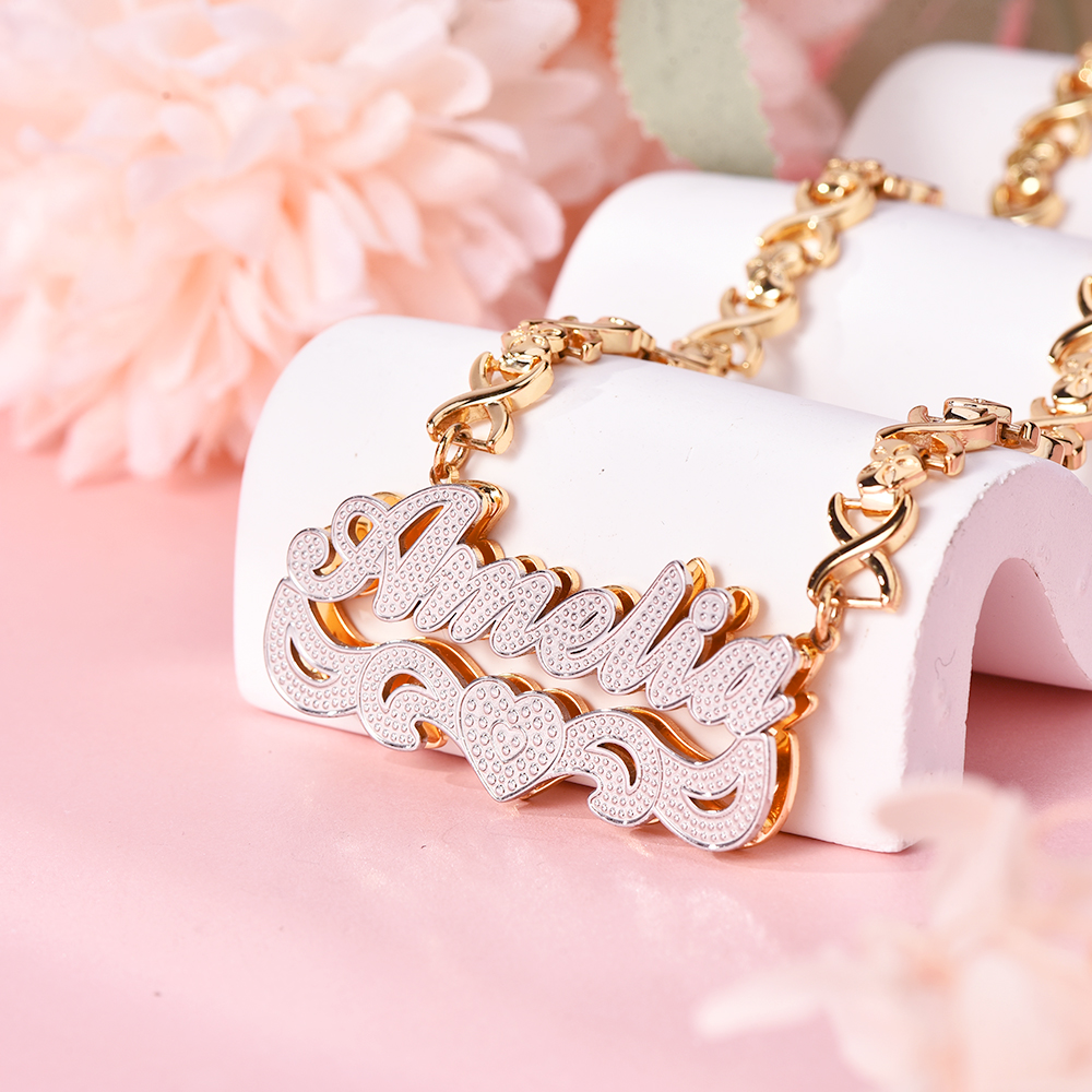 Double Layer Two Tone with Love Heart Gold Plated Personalized Custom 3D Name Necklace-silviax