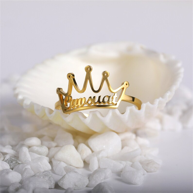 Baby Custom Personalized Gold Plated Minimalist Crown Name Ring-silviax