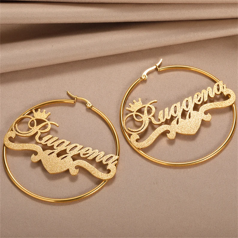 Bling Personalized Gold Plated Crown and Heart Name Hoop Earrings-silviax