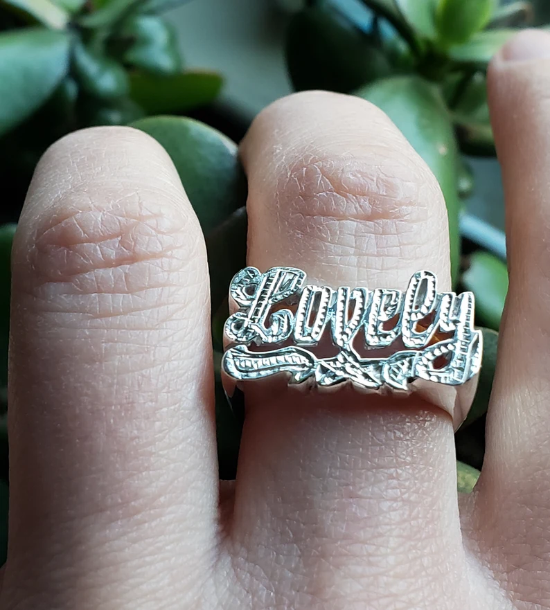 Custom Gold Plated Star Underline Diamond Cut 3D Names Ring-silviax