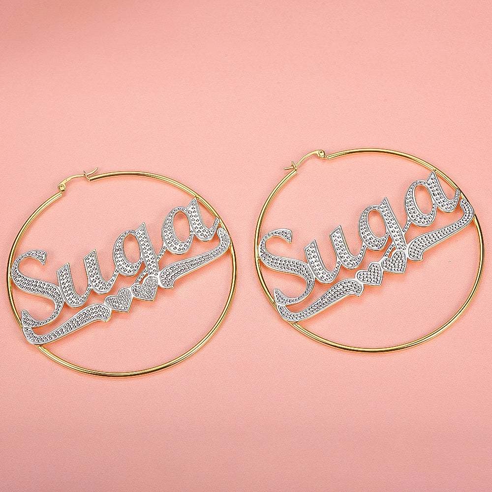 Two Tone Gold Plated Personalized Hoop Name Earrings with Heart-silviax