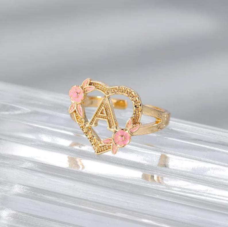 Heart Shaped Pink Enamel Flower Gold Plated Personalized Custom A-Z Initial Letter Ring