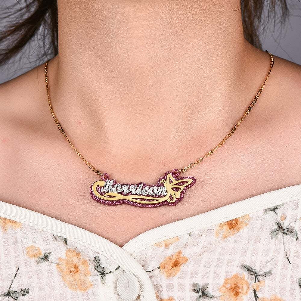 Acrylic Double Layer Two Tone Butterfly Personalized Custom Gold Plated Name Necklace-silviax