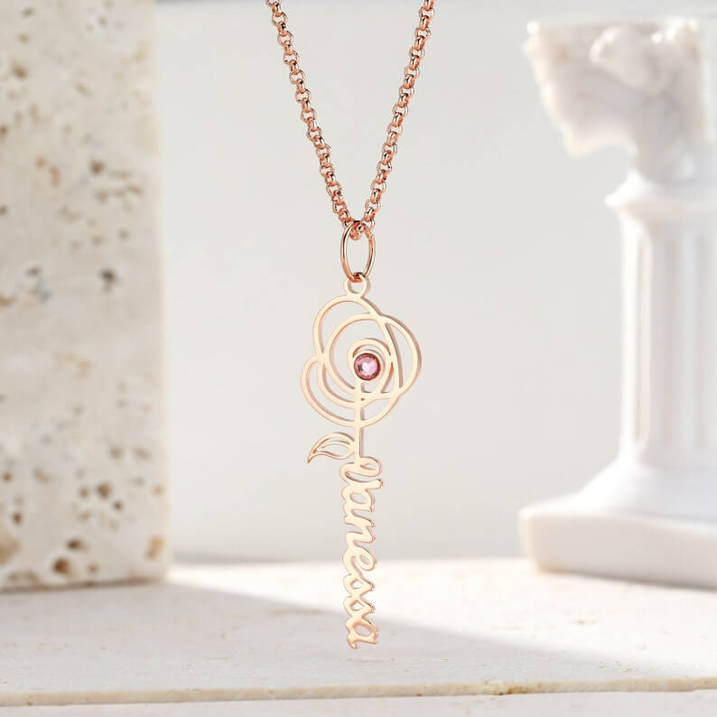 Flower Vertical Pendant With Birthstone Personalized Custom Name Necklace Mother Gift-silviax