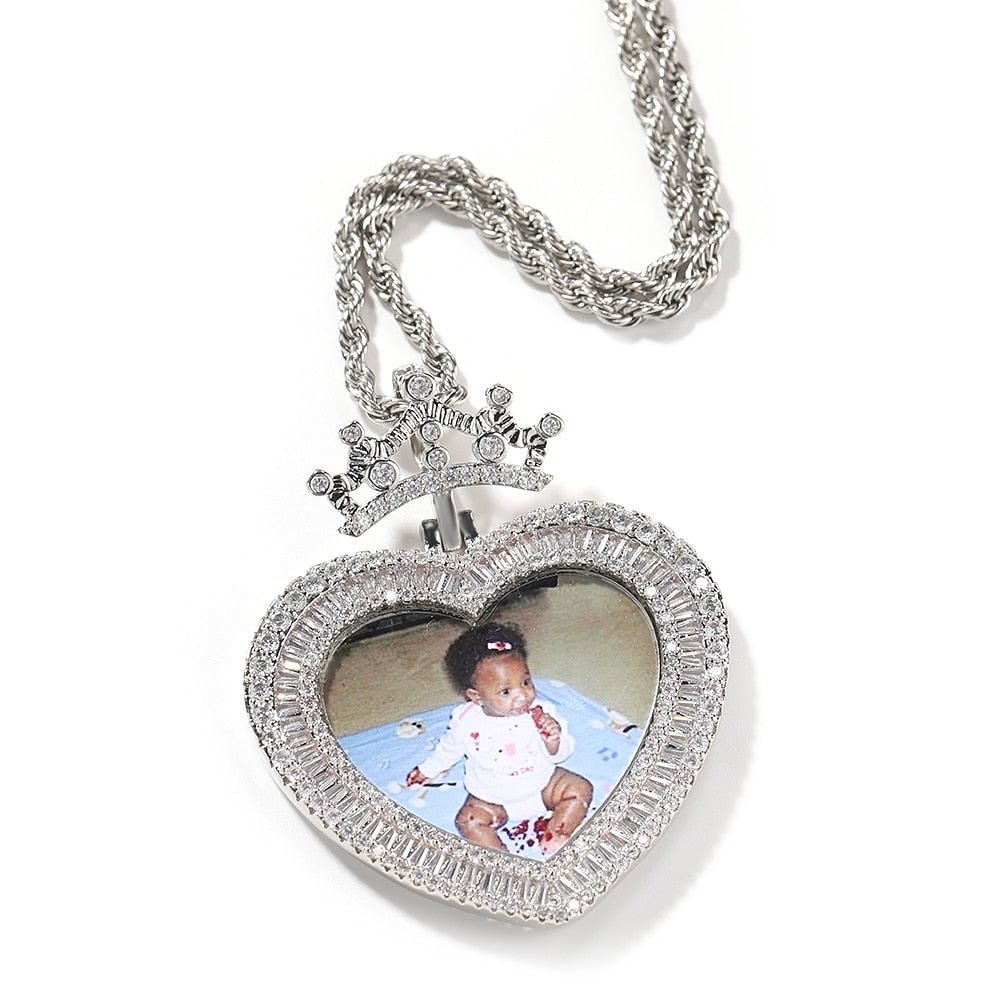 Princess Photo Chain Personalized Crown Heart Photo Pendant Necklace with Zircon-silviax