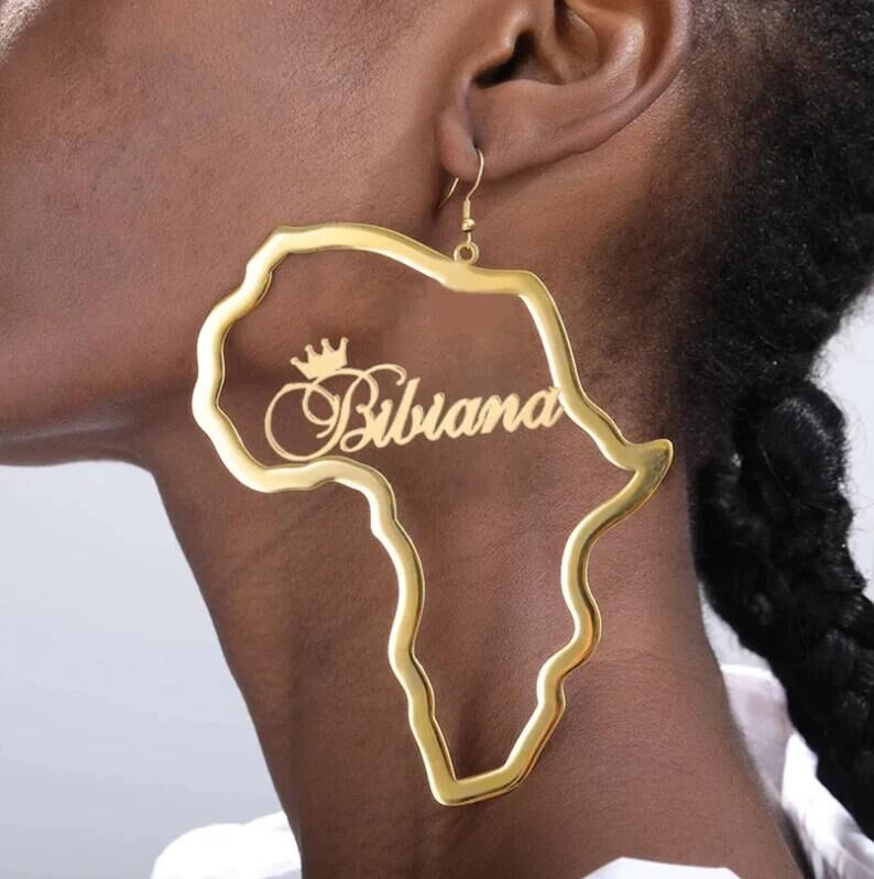 Punk African Map Personalized Custom Nameplate with Crown Name Earrings Women Earrings Gold Plated 