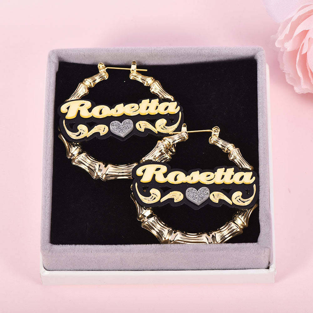 Acrylic Earrings with Heart Two Tone Personalized Custom Bamboo Name Earrings-silviax