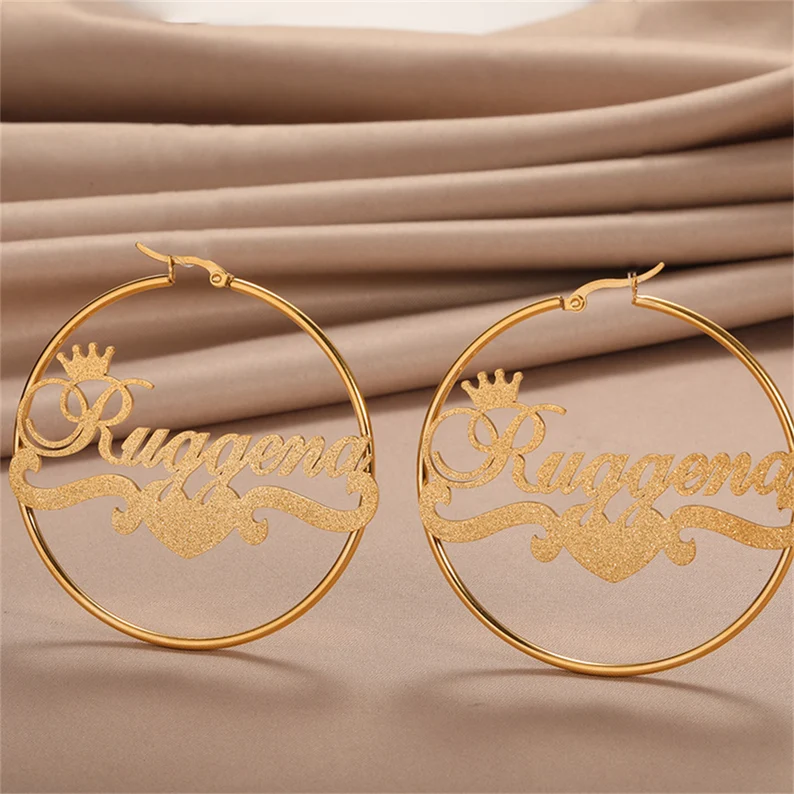 Bling Personalized Gold Plated Crown and Heart Name Hoop Earrings-silviax