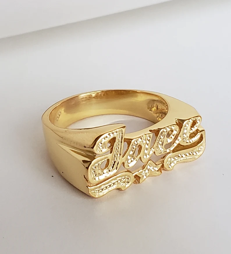 Custom Gold Plated Star Underline Diamond Cut 3D Names Ring-silviax