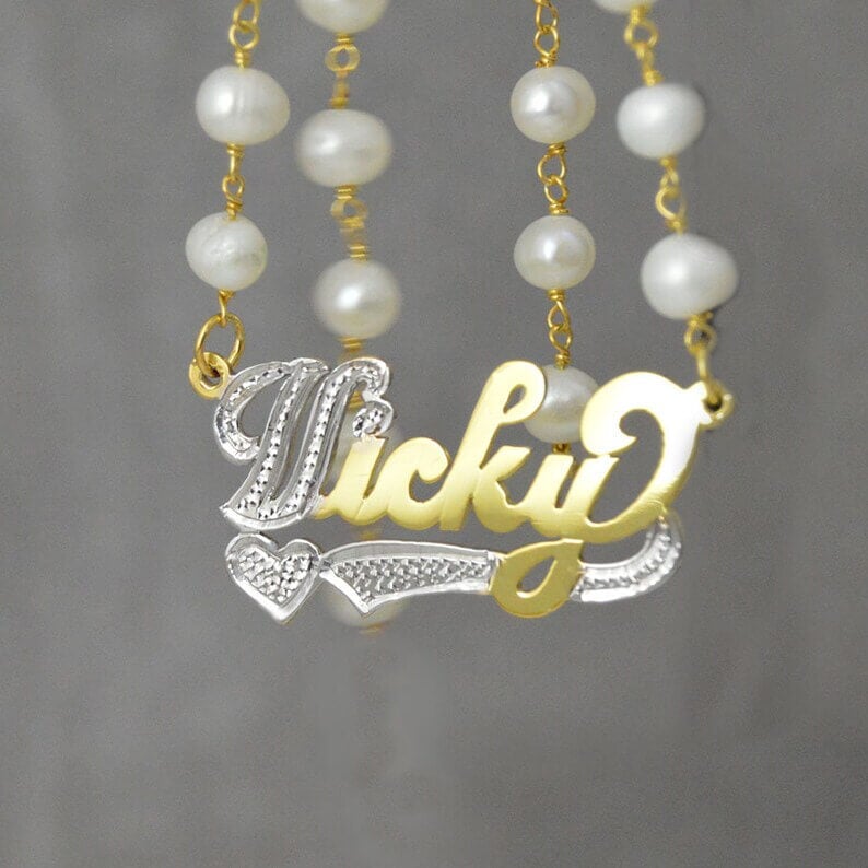 Two Tone with Pearl Chain Personalized Custom Gold Plated Name Necklace-silviax