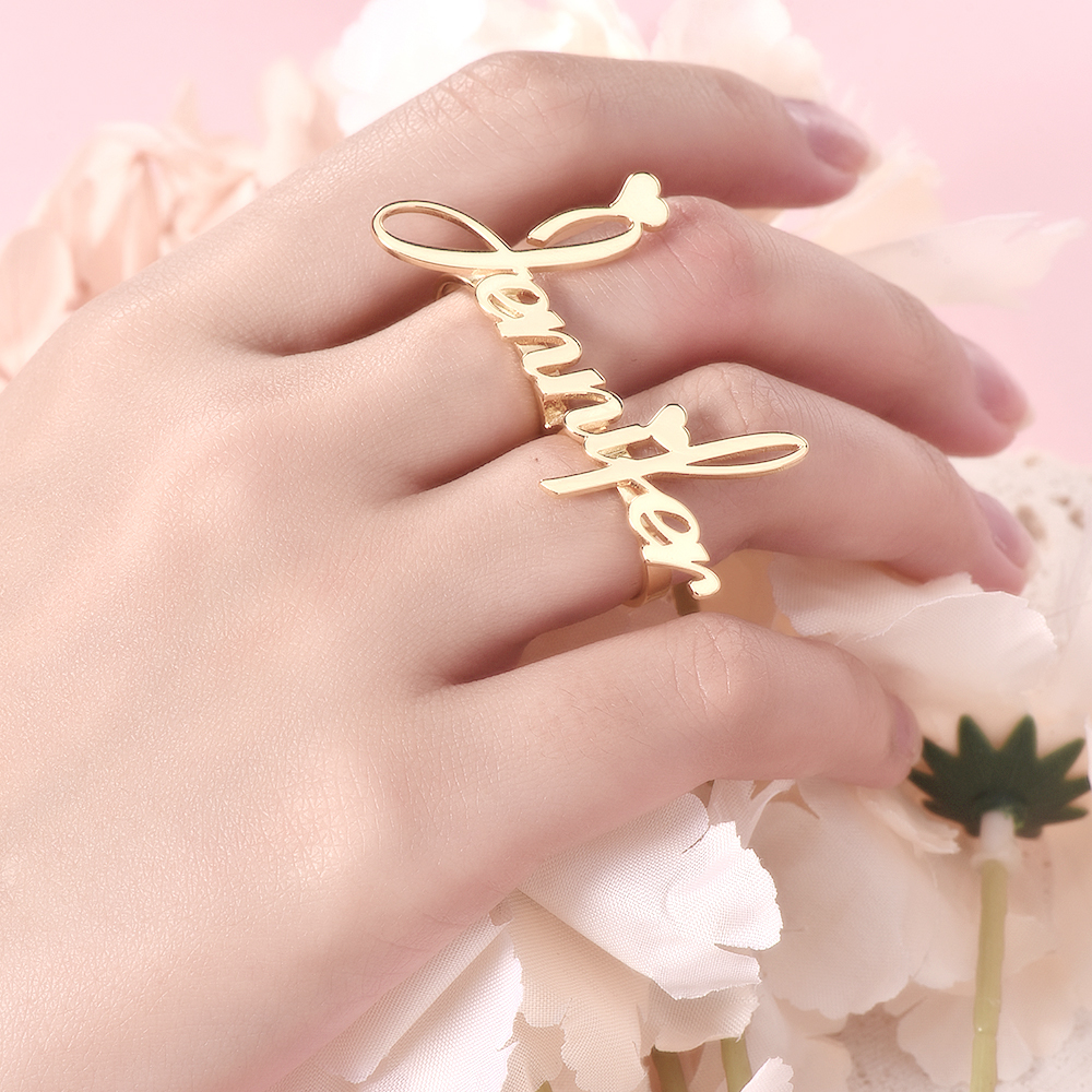 Two Finger Ring Personalized Custom Gold Plated Adjustable Love Heart Name Ring-silviax