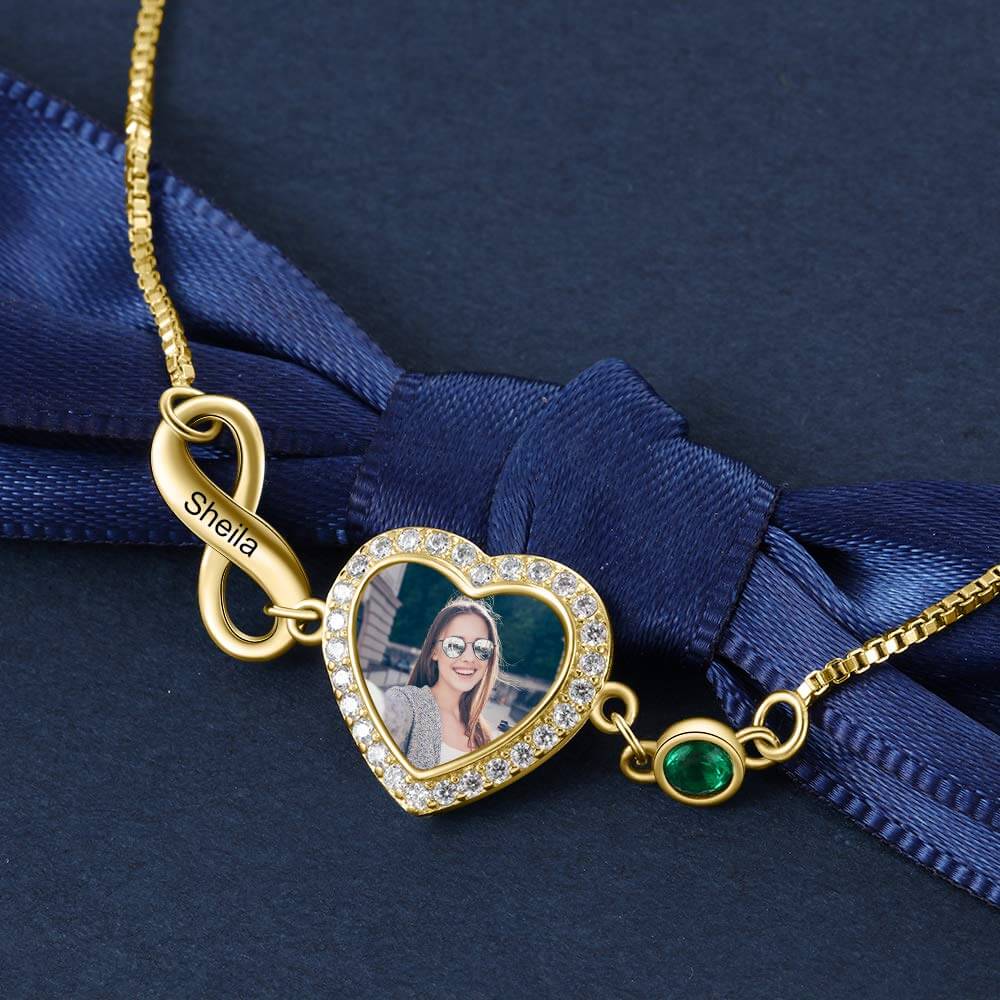 Heart And Infinite Engraved Name with Birthstone Personalized Custom Gold Plated Photo Bracelet-silviax