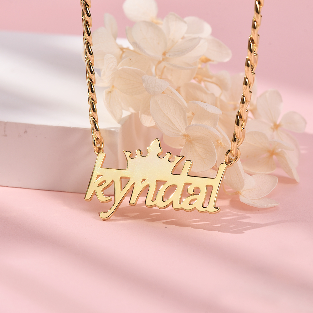 Crown And Horizontal Line With Cuban Chain Personalized Custom Gold Plated Name Necklace