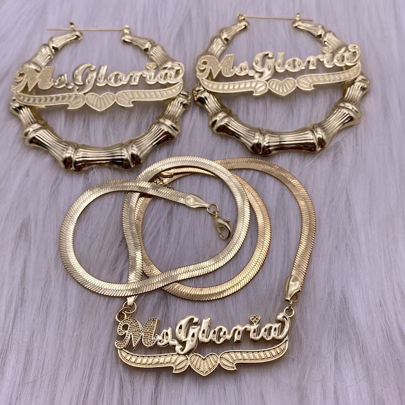 Double Layer Heart Nameplate with Herringbone Snake Chain Name Necklace And Bamboo Earrings Set-silviax