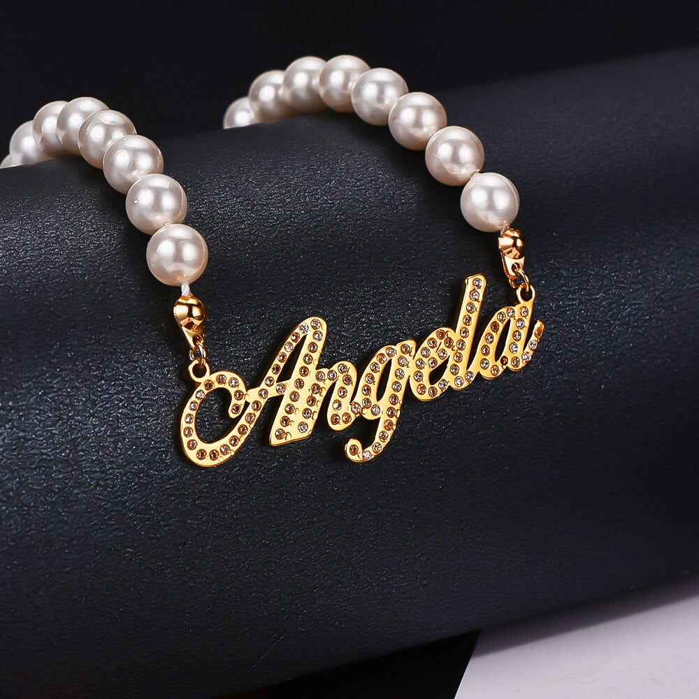 Inlaid Zircon Personalized Custom Name Pearl Necklace-silviax