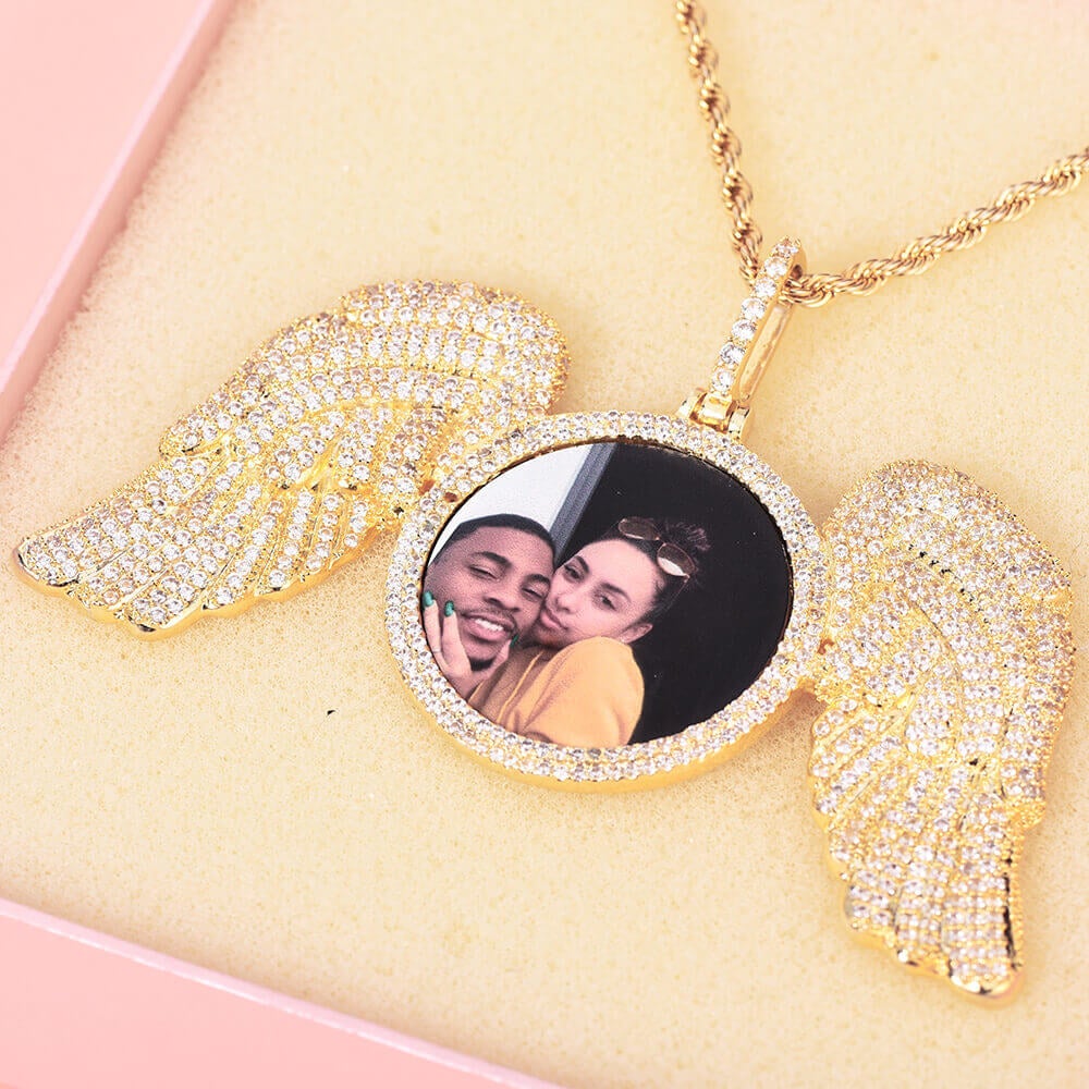 Angel Wings Round Pendant Photo Necklace Gold Plated-silviax