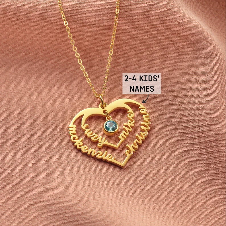 2-4 Names Heart Pendant With Birthstone In Middle Personalized Custom Gold Plated Name Necklace Family Necklace-silviax