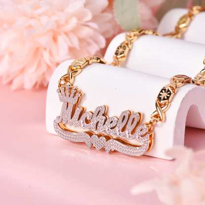 Double Layer Two Tone XOXO Chain with Crown And Heart Personalized Custom Gold Plated Name Necklace-silviax