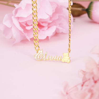 Cuban Chain Crown Pet Bear Personalized Custom Name Necklace-silviax