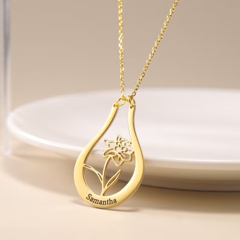 Personalized Birth Flower Gold Plated Engraved Name Ring Holder Necklace-silviax