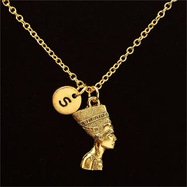 Personalized Gold Plated Antique Nefertiti A-Z Letter Initial Necklace-silviax