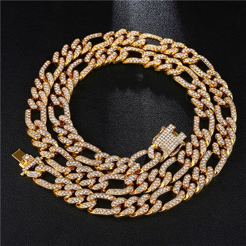 13mm Figaro Link Chain Iced Out Paved Rhinestones Gold Plated Necklace-silviax
