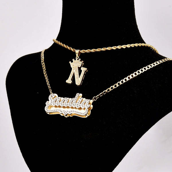 Double Plate Two Tone with Heart Name Necklace and Initial Necklace with Crown Personalized Custom Gold Plated Set-silviax