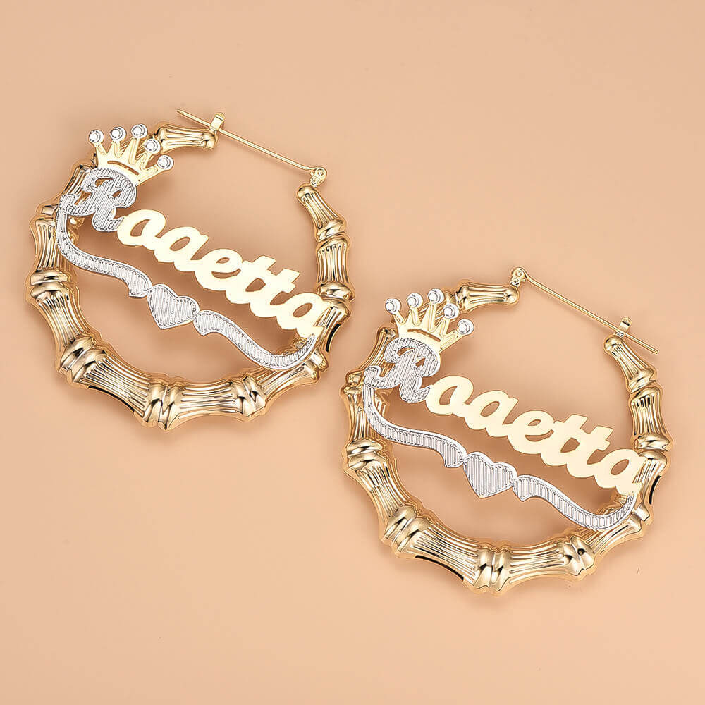 Crown Double Layer Name Necklace And Two Tone Name Bamboo Earrings Personalized Custom Gold Plated Set-silviax