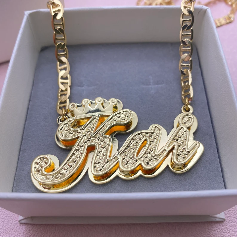 Double Layer Personalized Custom 3D Name Necklace with Crown
