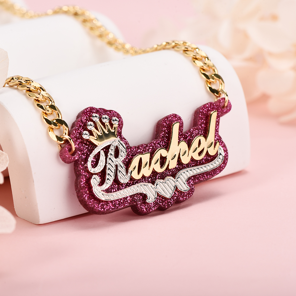 Purple Acrylic Personalized Gold Plated Two Tone Crown Name Necklace-silviax