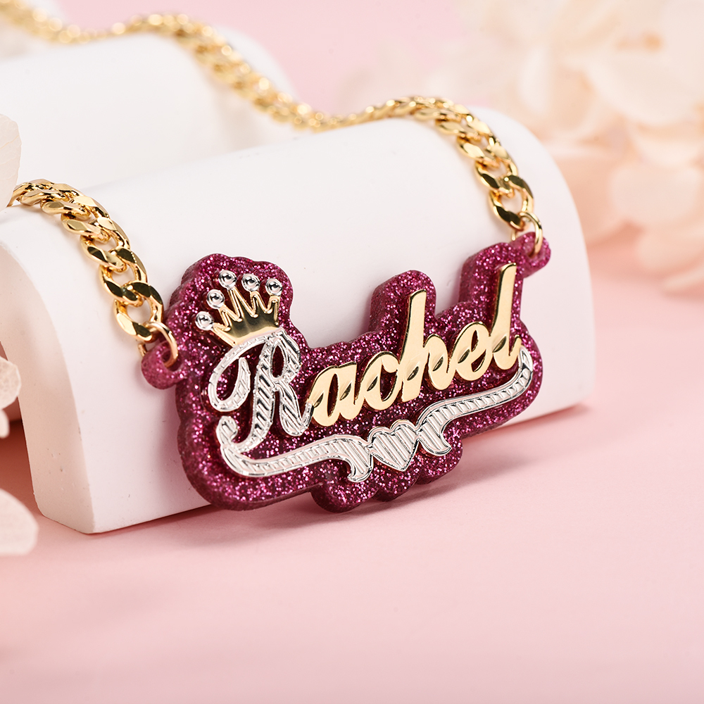 Purple Acrylic Personalized Gold Plated Two Tone Crown Name Necklace-silviax