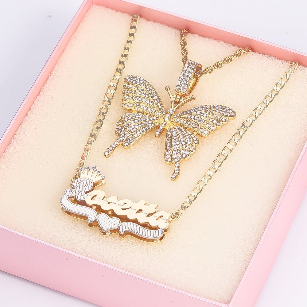 Butterfly Pendant Necklace and Double Layer Two-tone Personalized Name Necklace Set-silviax
