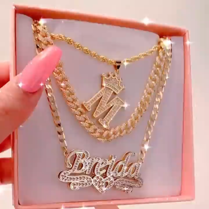 Crown Initial Necklace And Double Layer Two Tone With Heart Personalized Jewelry Set