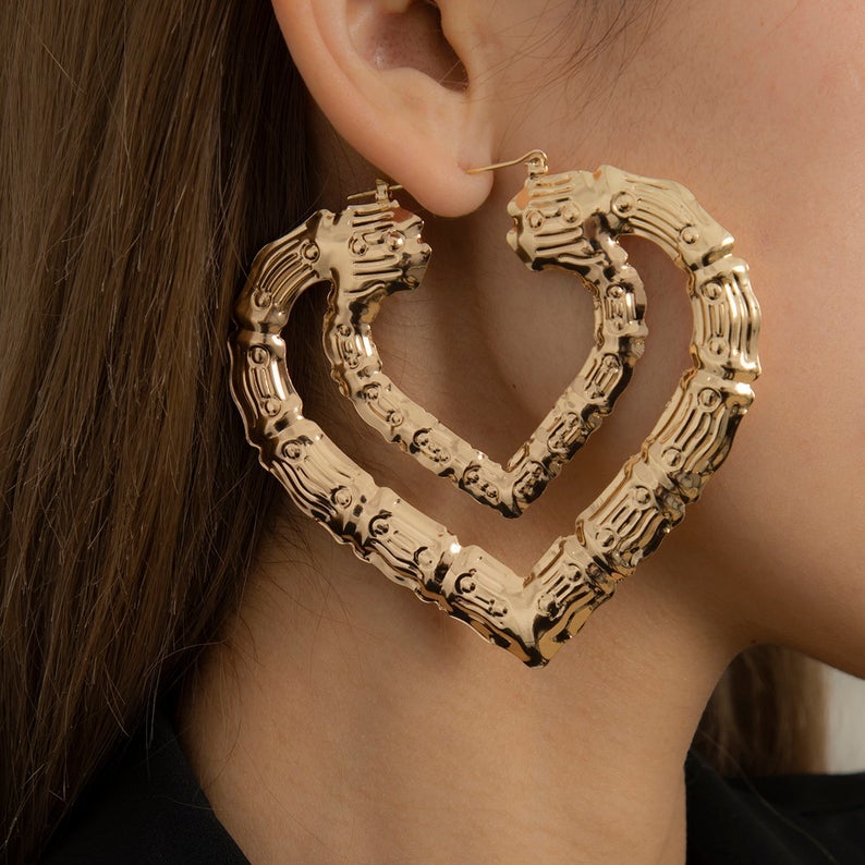 Double Heart Bamboo Hoop Gold Plated Earrings-silviax