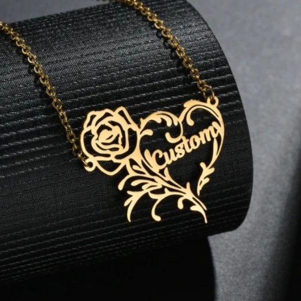 Rose Heart Pendant Personalized Custom Gold Plated Name Necklace-silviax