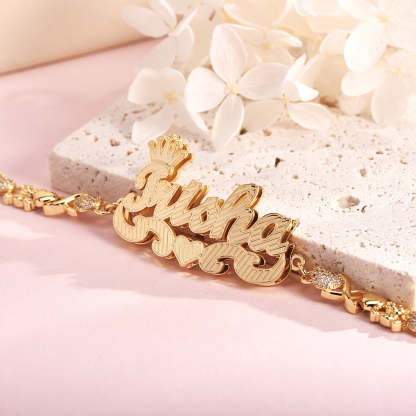Teddy XOXO Chain Crown Heart Name Bracelet and Double Layer Crown Heart Name Necklace Personalized Custom Gold Plated Set-silviax