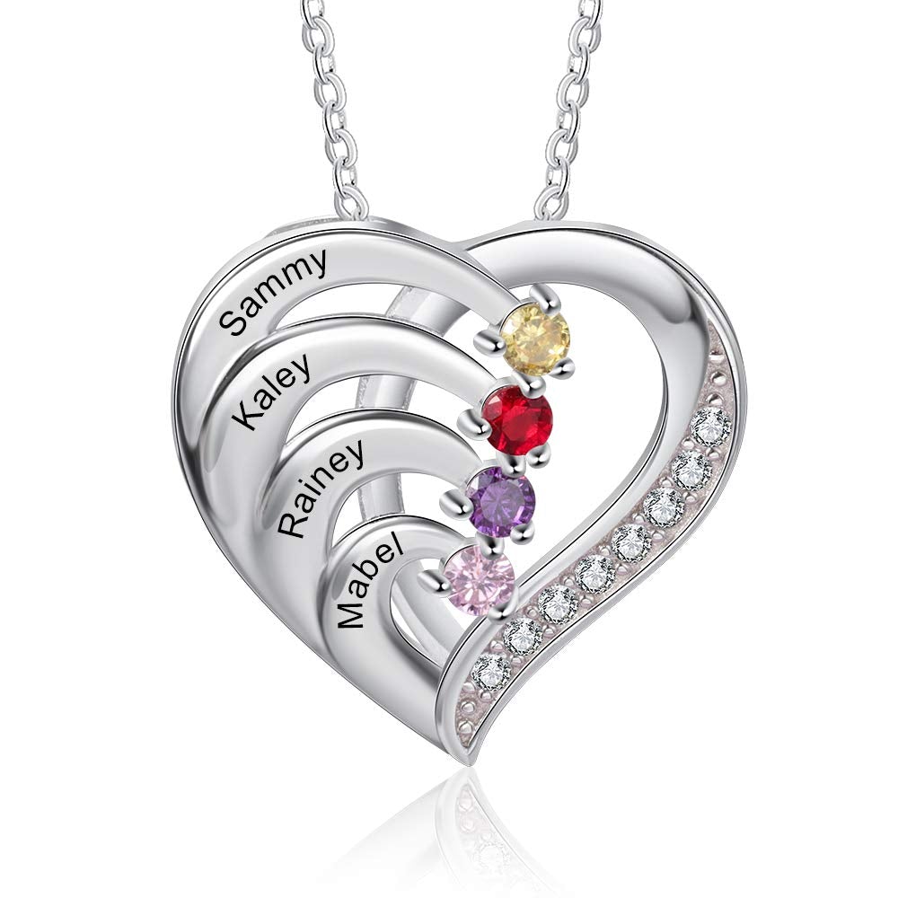2-4 Name Birthstones Heart Pendant Personalized Custom Family Necklace Mother's Day Gift for Mom Women-silviax