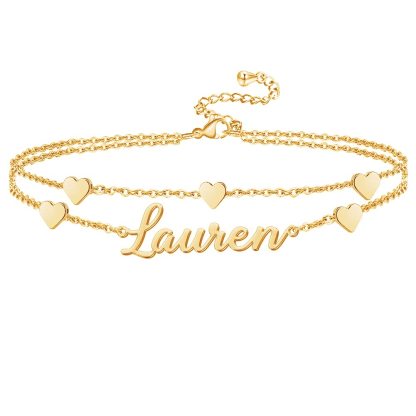 Personalized Double Layer Name Anklets with Heart Chain-silviax