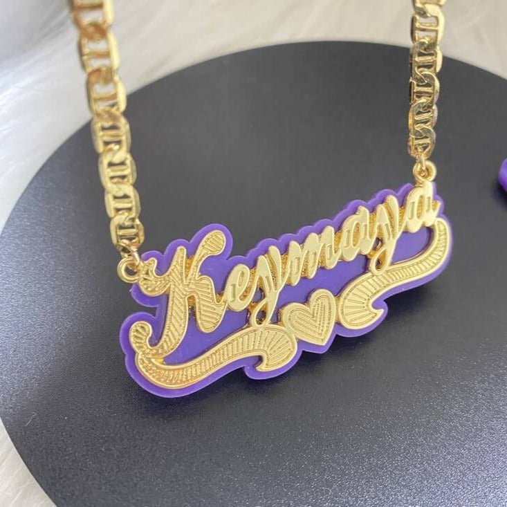 Purple Acrylic with Heart Double Layer Personalized Custom Gold Plated Name Necklace-silviax