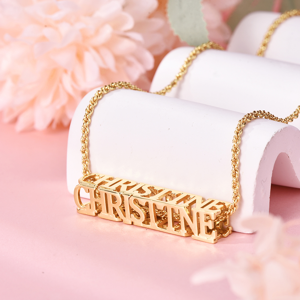 Personalized Custom Gold Plated Cubic Hollow Four Sided Name Necklace-silviax