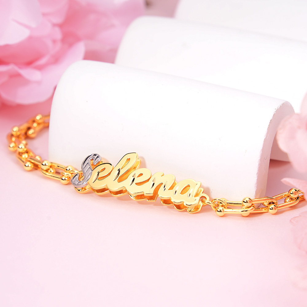 U Type Chain Two Tone Nameplate Personalized Custom Name Bracelet-silviax