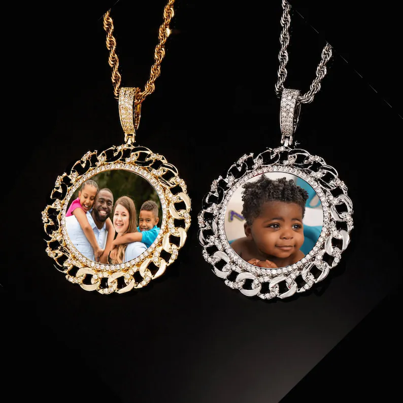 Iced Out Cubic Zircon Personalized Custom Photo Round Necklace-silviax