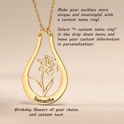 Personalized Birth Flower Gold Plated Engraved Name Ring Holder Necklace-silviax