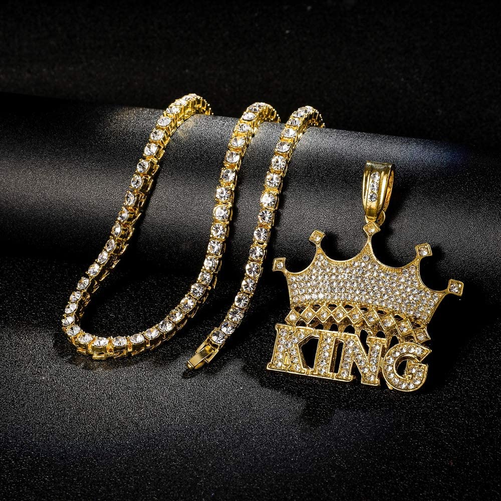 King Crown Pendant Neckalce Hip Hop Style Gold Plated Tennis Chain-silviax