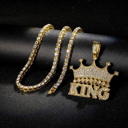 King Crown Pendant Neckalce Hip Hop Style Gold Plated Tennis Chain-silviax