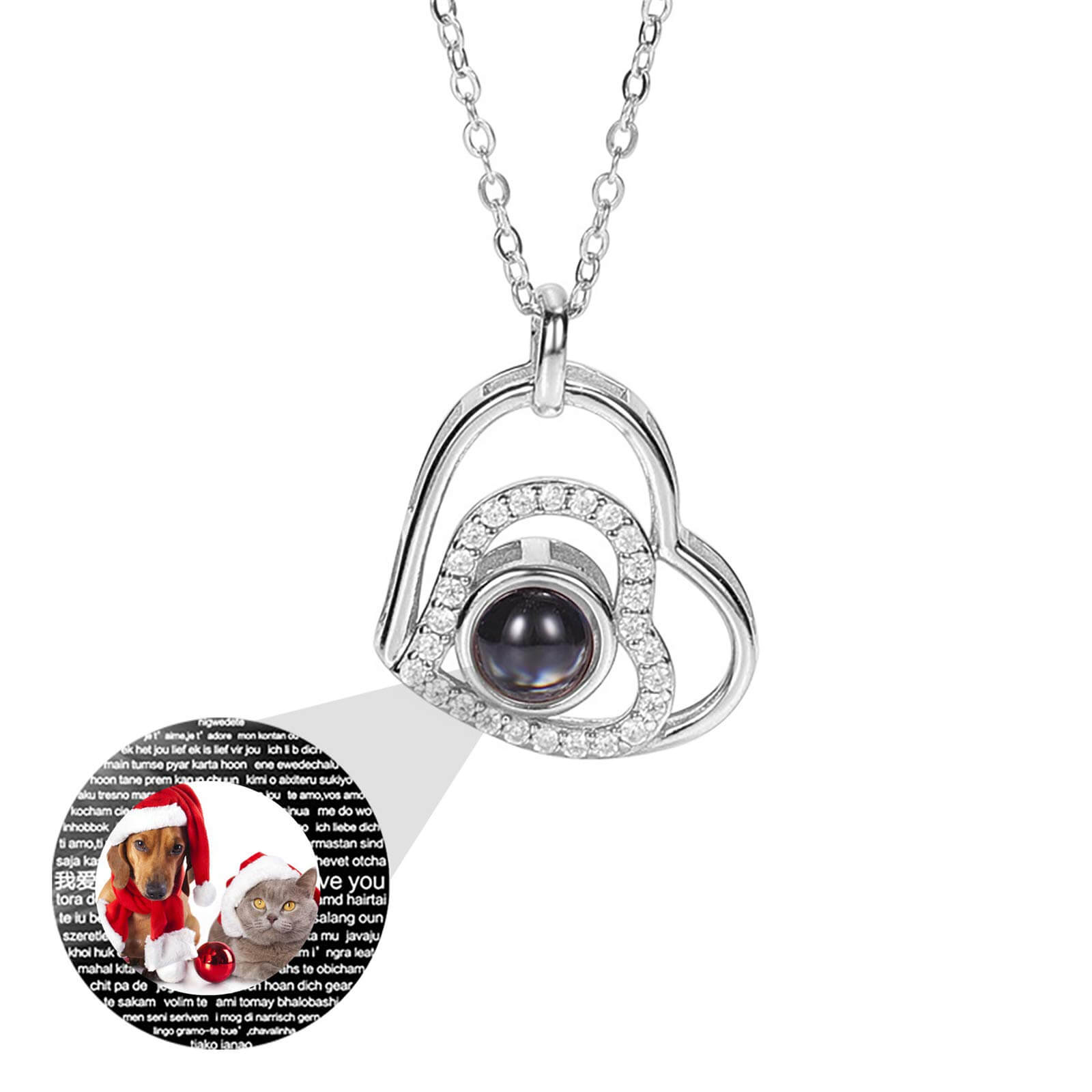 Heart Pendant 100 Languages "I Love You" With Color Photo Projection Necklace Personalized Custom White Gold Photo Necklace-silviax